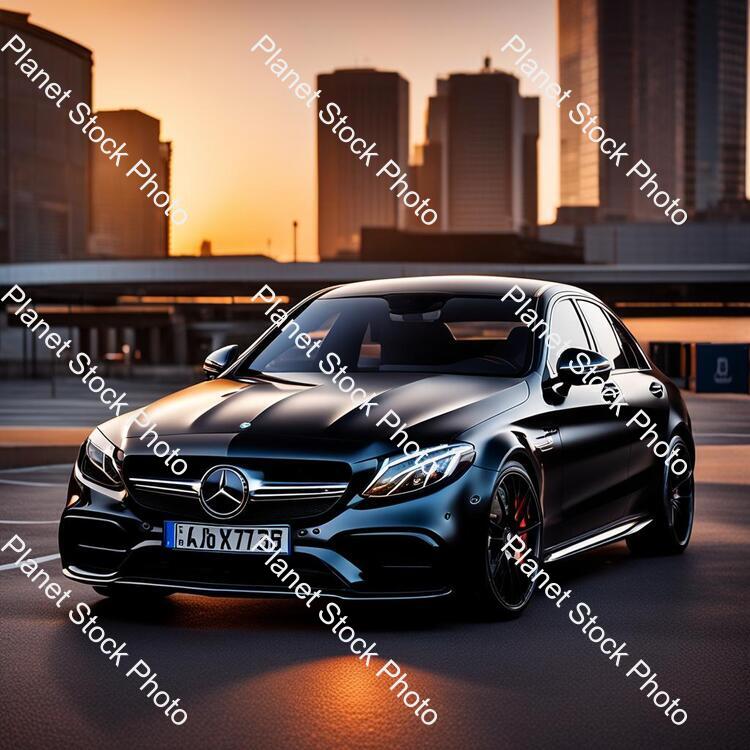 Draw a Mercedes C63s 2023 in Black Color. 4k Quality. The Car Parked in the Middle of the City. Time Sunset. the Car Is Realistic stock photo with image ID: 045be3da-967f-4336-ae25-5e03bf28d8a3