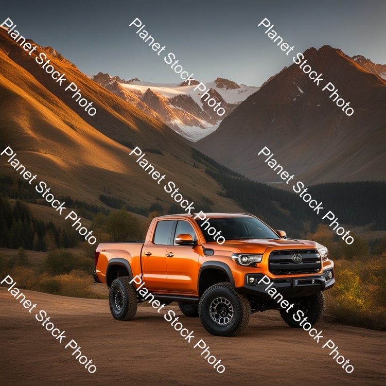 Orange with Grey Fenderstoyota Pick Up Truck with Long Travel Suspension and Baha Lights stock photo with image ID: 04ae59d4-d44c-43b8-ad43-5e3b3049e54d