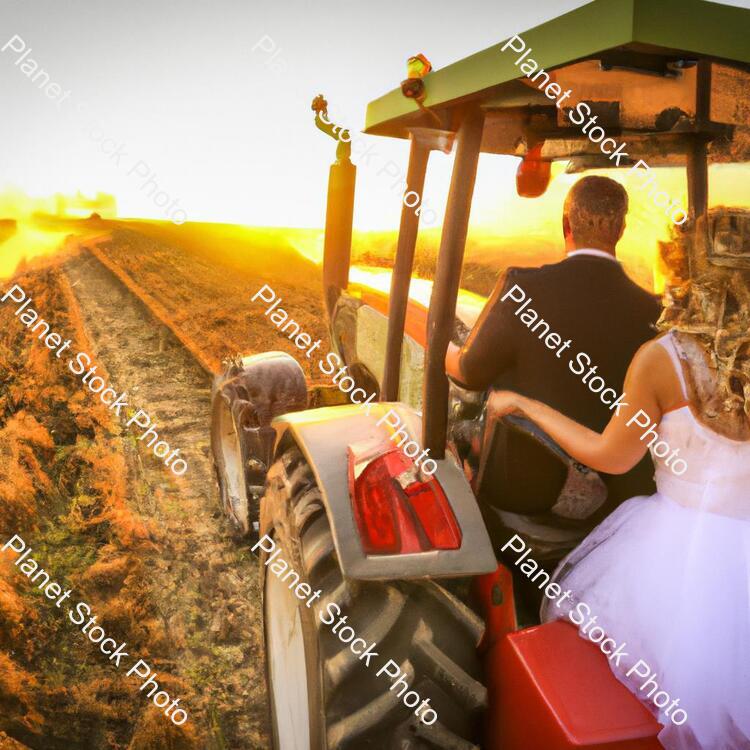 A Newly Married Couple Driving a Tractor Through the Grain Field Towards the Horizon at Sunset stock photo with image ID: 0d2f1e43-8282-43bc-a20d-0e5e2c7d1b6a