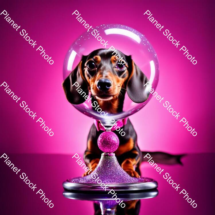 Miniature Dachshund Silver Dapple with Pink Collar Sat in a Martini Glass on a Stage with Glitter Ball Overhead stock photo with image ID: 0d71770a-dba8-4588-a11d-e7d7617178b8