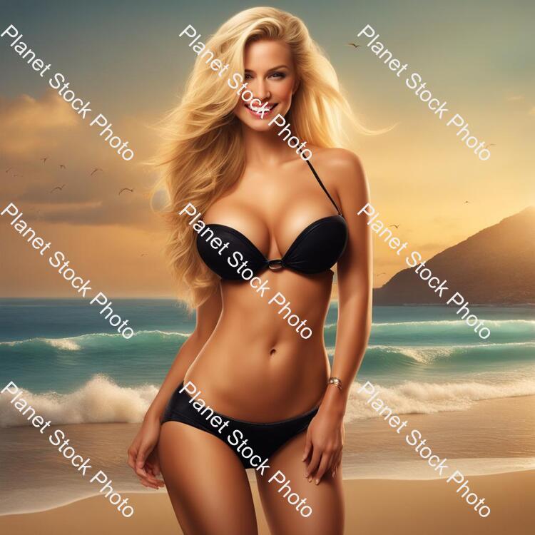 Draw a Woman in a Black Bikini. the Woman Has European-style Long Blonde Hair. with Big Breasts. with a Pretty Waist. It Has a Shapely Butt. in the Picture, It Is a Little Dirty. He Has a Mischievous Grin and a Beautiful Face. and the Beach Is the stock photo with image ID: 0f6a8479-b70a-482d-9fb6-bc6360b5969f