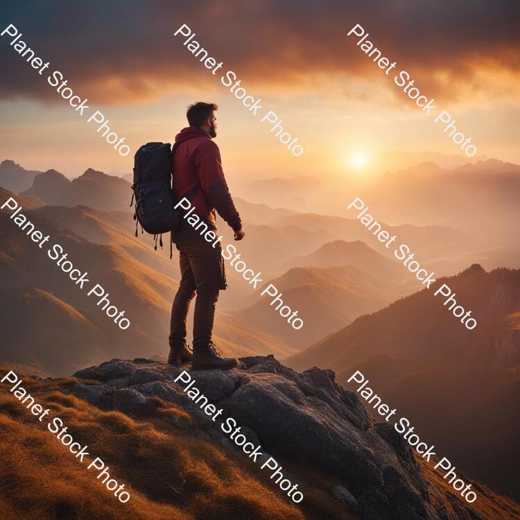 A Man Standing on the Top of a Mountain stock photo with image ID: 16bcd6ce-2c60-47f6-b19a-34d825aacfb0