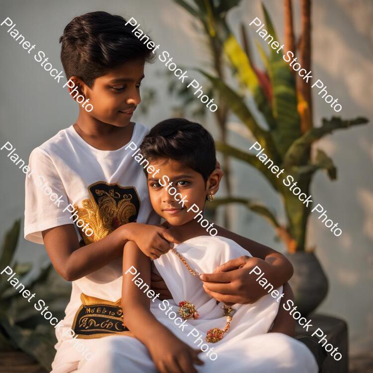 A Boy Name with Meher on His White Tshirt in Black Letters and a Girl Sits Side to Him and Wears a Sari of Colour Black and Having a Pussy in Hand stock photo with image ID: 18a60f22-b38a-46a0-aab8-a1a42d570478