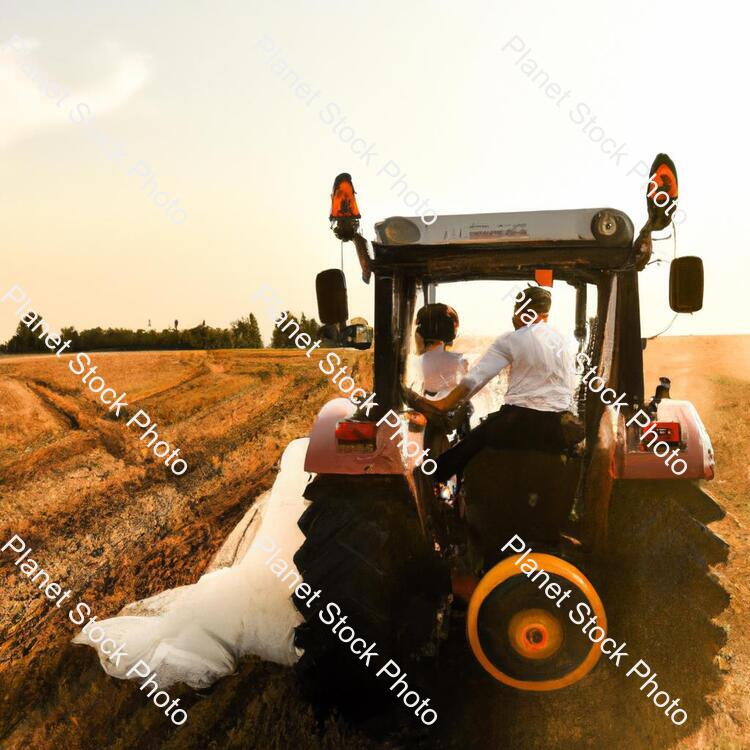 A Newly Married Couple Driving a Tractor Through the Grain Field Towards the Horizon at Sunset stock photo with image ID: 190c4a11-f1c8-437a-921a-501395fcb44d