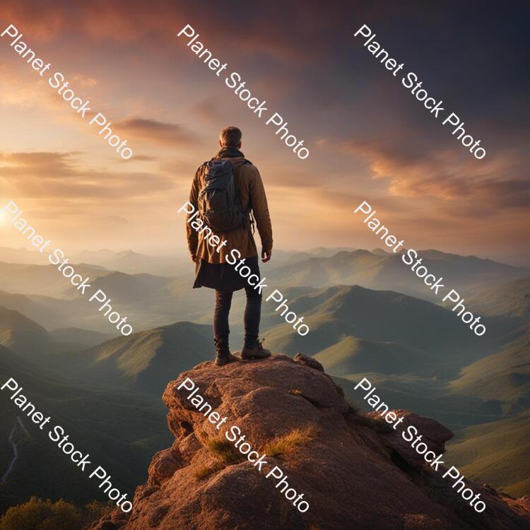 A Man Standing on the Top of a Mountain stock photo with image ID: 23d3b48e-8e9a-4ce0-aba5-4b0642cae61e