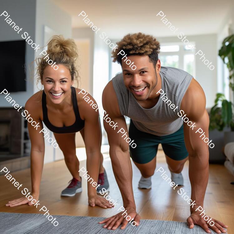 A Young Couple Working Out at Home stock photo with image ID: 2829d919-885a-428d-9cb8-3281dbcba051