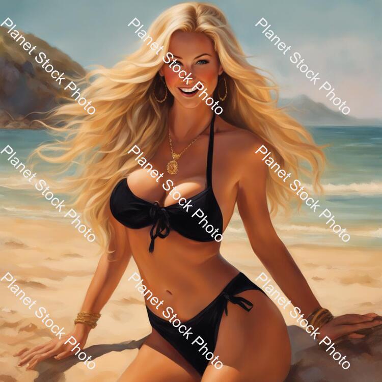 Draw a Woman in a Black Bikini. the Woman Has European-style Long Blonde Hair. with Big Breasts. with a Pretty Waist. It Has a Shapely Butt. in the Picture, It Is a Little Dirty. He Has a Mischievous Grin and a Beautiful Face. and the Beach Is the stock photo with image ID: 29e2c67a-771e-4c91-b609-6ee3659ede2f