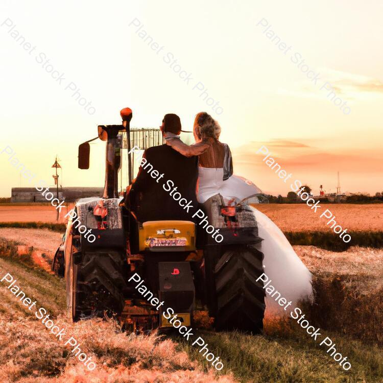 A Newly Married Couple Driving a Tractor Through the Grain Field Towards the Horizon at Sunset stock photo with image ID: 3555f6ec-458e-46e6-b6ca-2c93016440d6