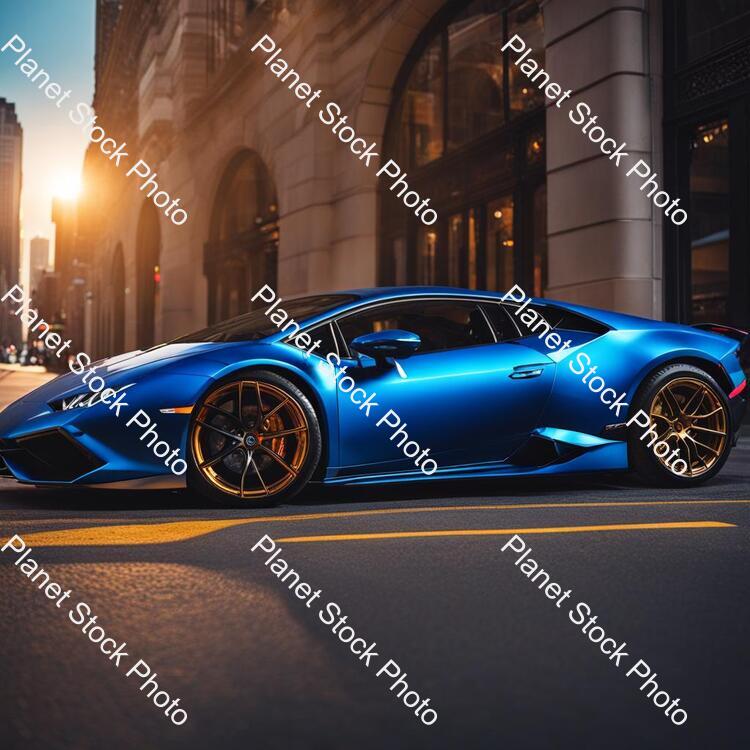 Draw a Lamborghini Huracán in Skye Blue Color, the Car Are So Realistic, and Parking in the New York City Street, the Time Is Sunset, the City and the Car Are So Beautiful, the Lamborghini Huracán Is Realistic Like the Life stock photo with image ID: 39fa8cc5-0220-4dd1-a346-5e8388e385f5