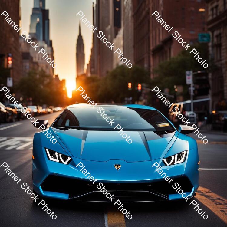 Draw a Lamborghini Huracán in Skye Blue Color, the Car Are So Realistic, and Parking in the New York City Street, the Time Is Sunset, the City and the Car Are So Beautiful, the Lamborghini Huracán Is Realistic Like the Life stock photo with image ID: 3f2be490-587b-4acd-8fa2-9469244e9729