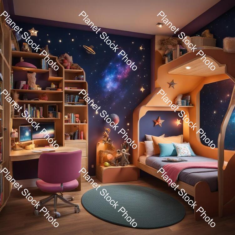 A Kids Room Fro Girl in Around 10-12 Years Who Likes Astronomy and Reading stock photo with image ID: 52926ba3-c025-4e1b-923c-889181519cfb