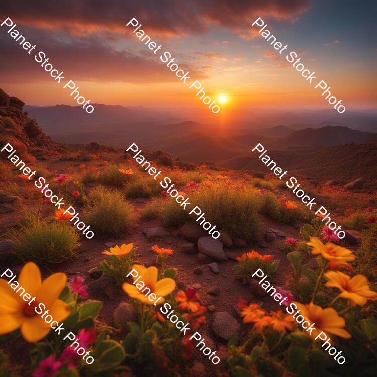 The Eyes of Flowers in the Center Look Out Over a Desolate Rocky Landscape in the Light of the Setting Sun stock photo with image ID: 5840a7e0-48c9-4af1-bd43-ac4d672758d9