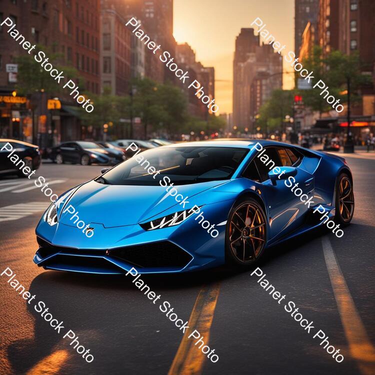 Draw a Lamborghini Huracán in Skye Blue Color, the Car Are So Realistic, and Parking in the New York City Street, the Time Is Sunset, the City and the Car Are So Beautiful, the Lamborghini Huracán Is Realistic Like the Life stock photo with image ID: 637ba258-d01e-45b4-998f-562e3ba3aec6