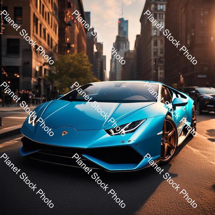Draw a Lamborghini Huracán in Skye Blue Color, the Car Are So Realistic, and Parking in the New York City Street, the Time Is Sunset, the City and the Car Are So Beautiful, the Lamborghini Huracán Is Realistic Like the Life stock photo with image ID: 66101947-b548-41f1-8c2a-6e3ef027dedc