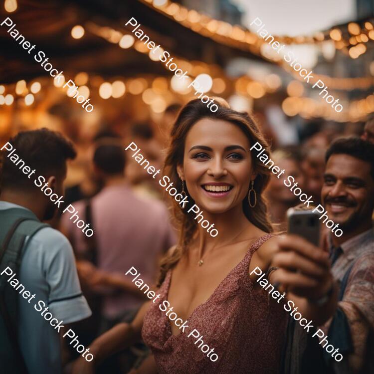 Show a Lady in a Modern Day Market Taking Selfies and the People Are Gathered Around Her stock photo with image ID: 6784109a-c1e7-4308-9341-e1230f713ebe