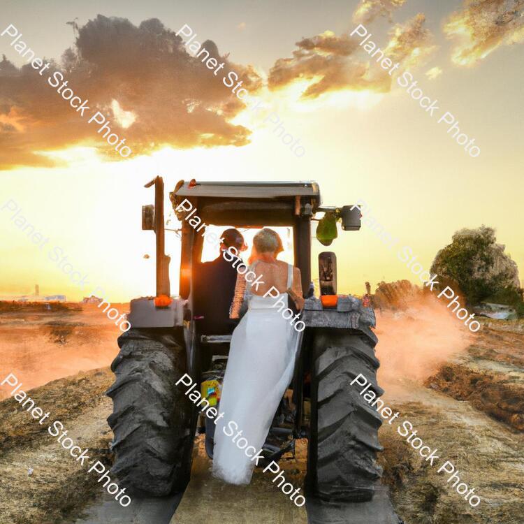 A Newly Married Couple Driving a Tractor Through the Grain Field Towards the Horizon at Sunset stock photo with image ID: 67ccfbfa-a37e-41a8-b079-7c364b9a41be