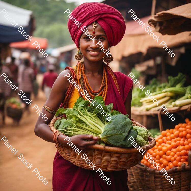 A Village Girl in the Local Market with a Turban on the Head Carrying a Basket of Vegetables stock photo with image ID: 68edeb6f-0dfc-4c7d-aeca-8b204207873d