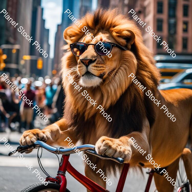 Draw a Lion Riding a Bicycle in New York City and the Lion Is Wearing Glasses. in the Background, Amazed People Look On. the Weather Is Sunny. Very Clear Quality. 4k Quality stock photo with image ID: 6ca90dc2-ace3-4487-b9c4-fa01ba8f4f67