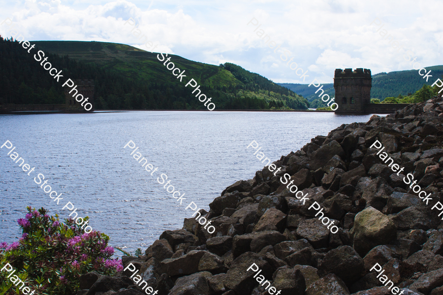 The Derwent dam under a blue sky stock photo with image ID: 71dd712c-65cd-4cf1-a716-c83cd21c17a0