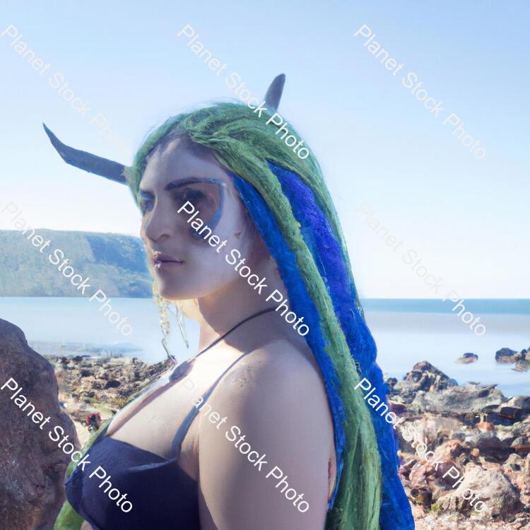 Green Hair Viking Girl in a Beach stock photo with image ID: 78bcd1be-df5f-46b8-9f06-608c1985c4f8