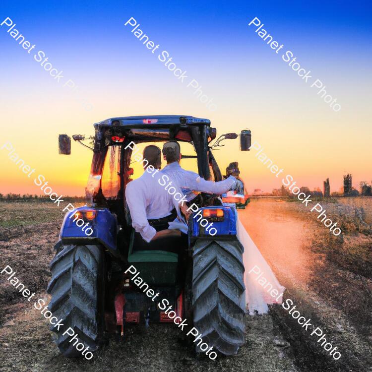 A Newly Married Couple Driving a Tractor Through the Grain Field Towards the Horizon at Sunset stock photo with image ID: 7bafa140-18bf-4a04-aa99-221a91942fe5