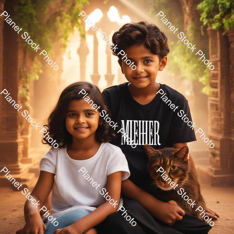 A Boy Name with Meher on His White Tshirt in Black Letters and a Girl Sits Side to Him and Wears a Sari of Colour Black and Having a Pussy in Hand stock photo with image ID: 7cb33b64-f64c-40b1-9981-00e540a81d4a