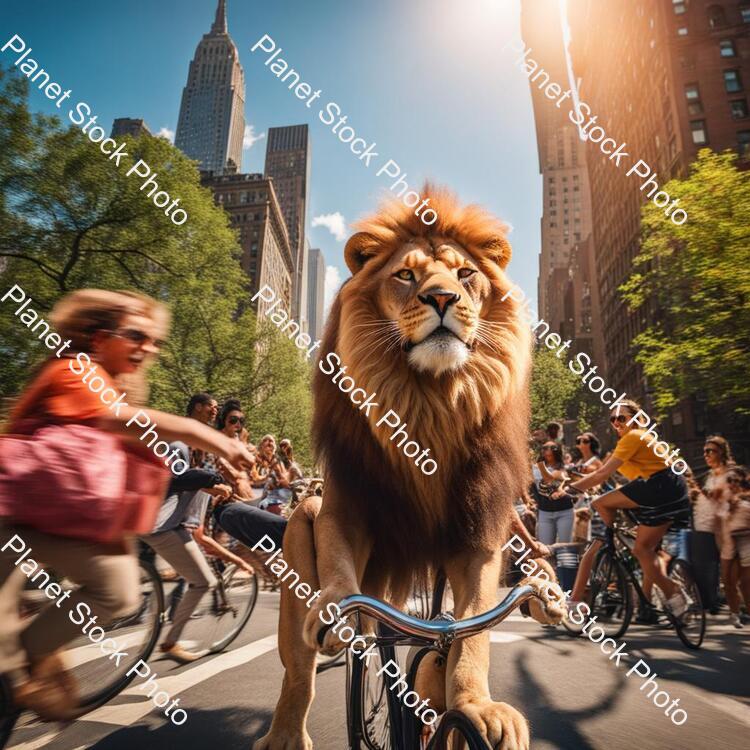 Draw a Lion Riding a Bicycle in New York City and the Lion Is Wearing Glasses. in the Background, Amazed People Look On. the Weather Is Sunny. Very Clear Quality. 4k Quality stock photo with image ID: 7ea787fa-17dc-412e-81d5-d489a2358540
