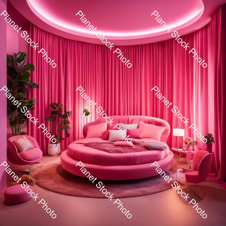 A Berbie Room with Pink Color Background Round Bed 2 Charis Bg Teedy Bear Laptop Table Led Tv Pink Curtains stock photo with image ID: 897a7680-510c-47da-9336-1de13b5c0c6c