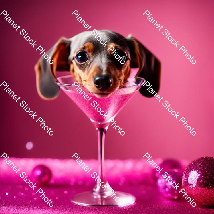 Miniature Dachshund Silver Dapple with Pink Collar Sat in a Martini Glass on a Stage with Glitter Ball Overhead stock photo with image ID: 98090aa1-f914-4d39-99ce-fd792817c693