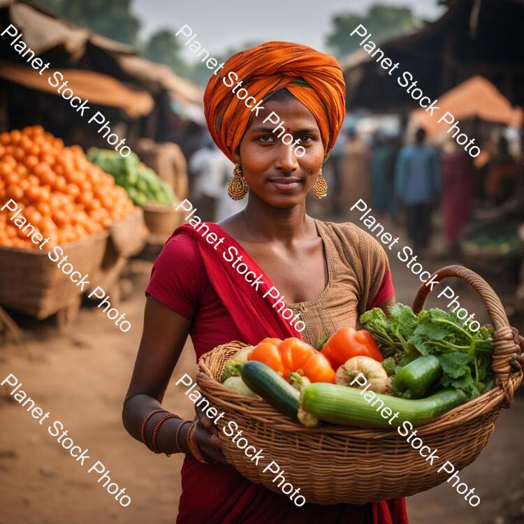 A Village Girl in the Local Market with a Turban on the Head Carrying a Basket of Vegetables stock photo with image ID: 98e12ccf-8d31-4fbe-b3f2-1ac043966a98