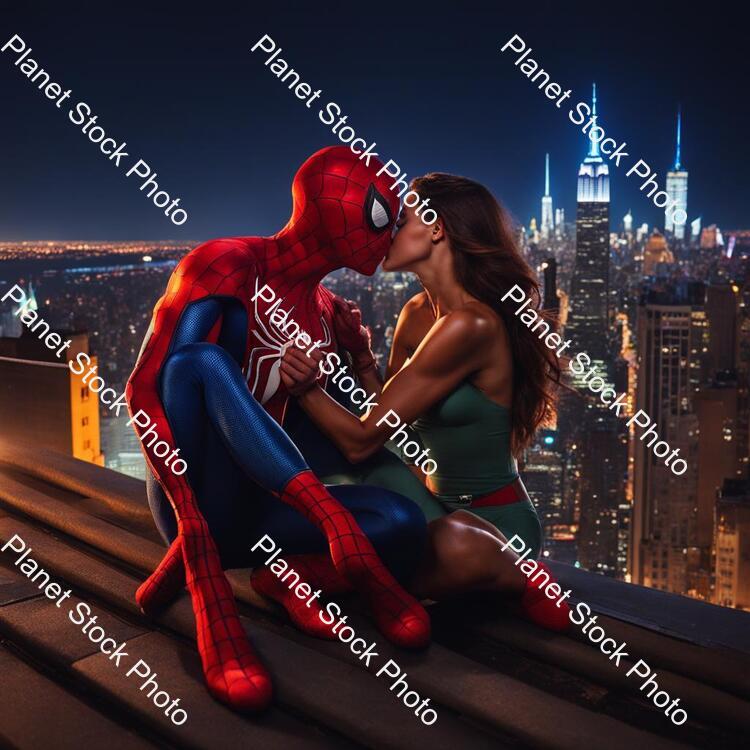 Draw Spiderman in New York City at Night on a Rooftop while Kissing His Girlfriend Spiderman Is Muscular His Girlfriend Is Amazing the Night City Is Magnificently Beautiful Romantic Picture 4k Quality stock photo with image ID: 9a48f0bb-dedd-488f-917f-2f0f2541e827