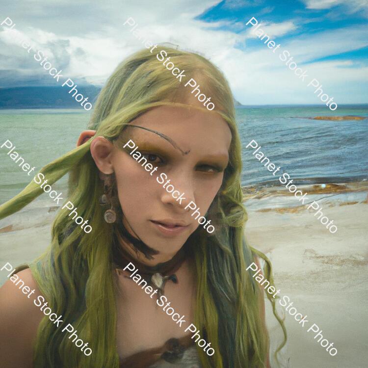 Green Hair Viking Girl in a Beach stock photo with image ID: 9adf7467-bc11-4777-9e78-83ebb6303660