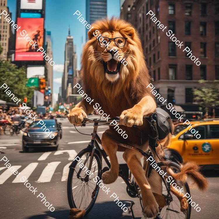 Draw a Lion Riding a Bicycle in New York City and the Lion Is Wearing Glasses. in the Background, Amazed People Look On. the Weather Is Sunny. Very Clear Quality. 4k Quality stock photo with image ID: a5c8b505-7ed9-4f7a-b569-989109d59e28