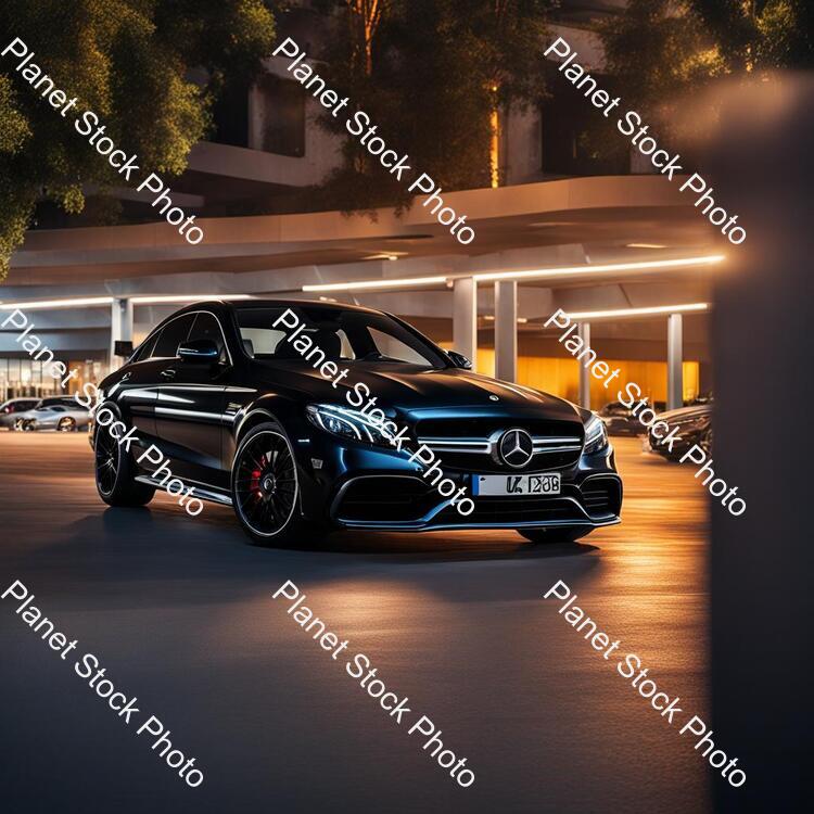 Draw a Mercedes C63s 2023 in Black Color. 4k Quality. the Car Park in the Middle of the City. Time Sunset. the Car Is Realistic stock photo with image ID: ab0c0dd4-1cec-409f-84ec-7ad4457aaccd