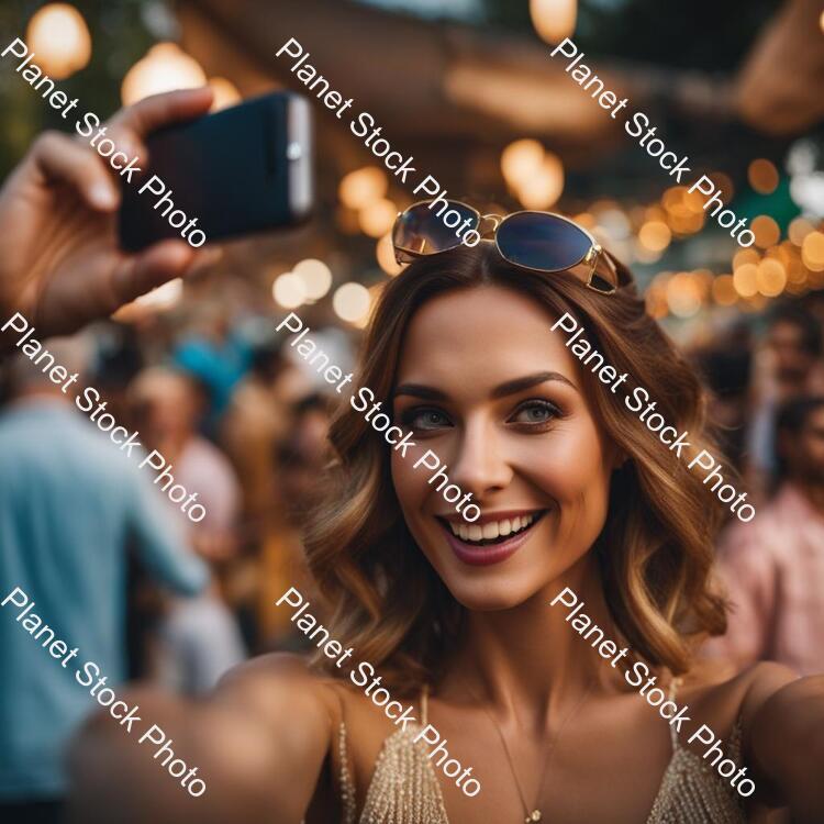 Show a Lady in a Modern Day Market Taking Selfies and the People Are Gathered Around Her stock photo with image ID: ac1e77e8-b625-46f4-abd2-254db455cc87