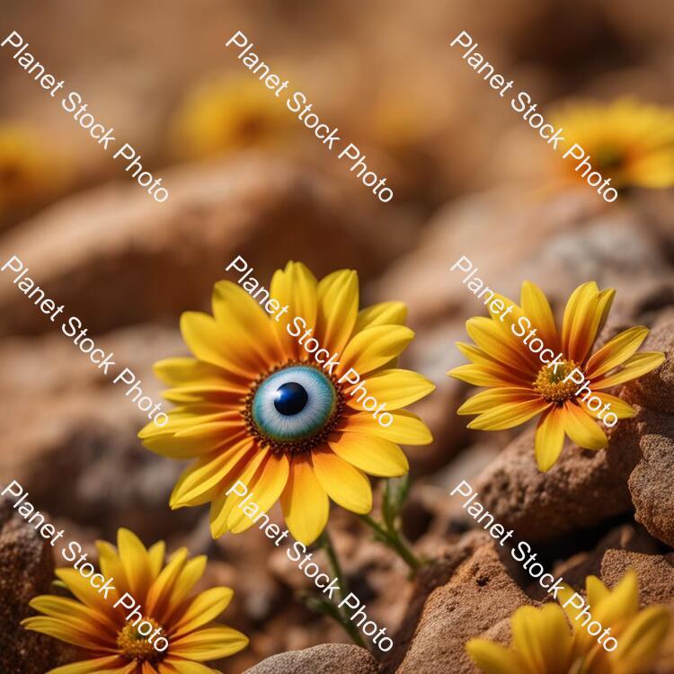 Flowers with Eyes in the Middle Look Out Over a Deserted Rocky Landscape stock photo with image ID: aca91dfe-a091-4407-ae5c-dee6015c4d4a