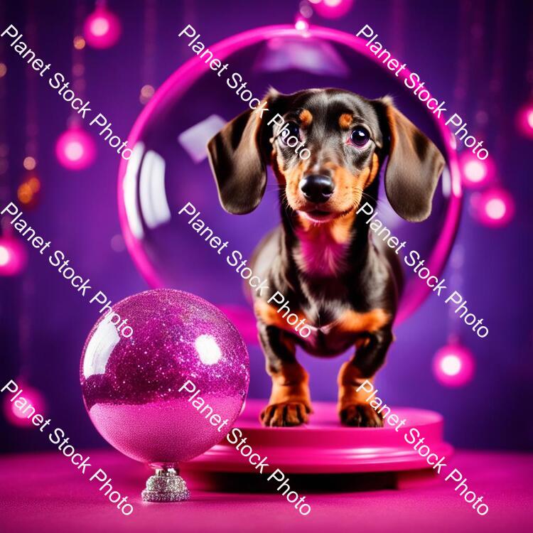 Miniature Dachshund Silver Dapple with Pink Collar Sat in a Martini Glass on a Stage with Glitter Ball Overhead stock photo with image ID: aecb07f6-89e9-494a-93b2-03c52d90a17a