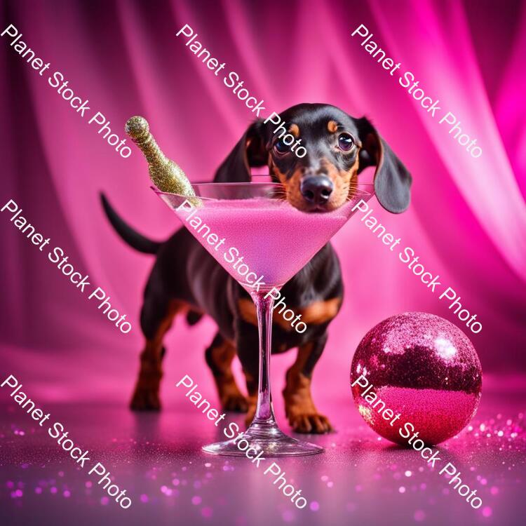 Miniature Dachshund Silver Dapple with Pink Collar Sat in a Martini Glass on a Stage with Glitter Ball Overhead stock photo with image ID: b5c53f00-2669-4cdf-b9ed-b2dad11aeeb1