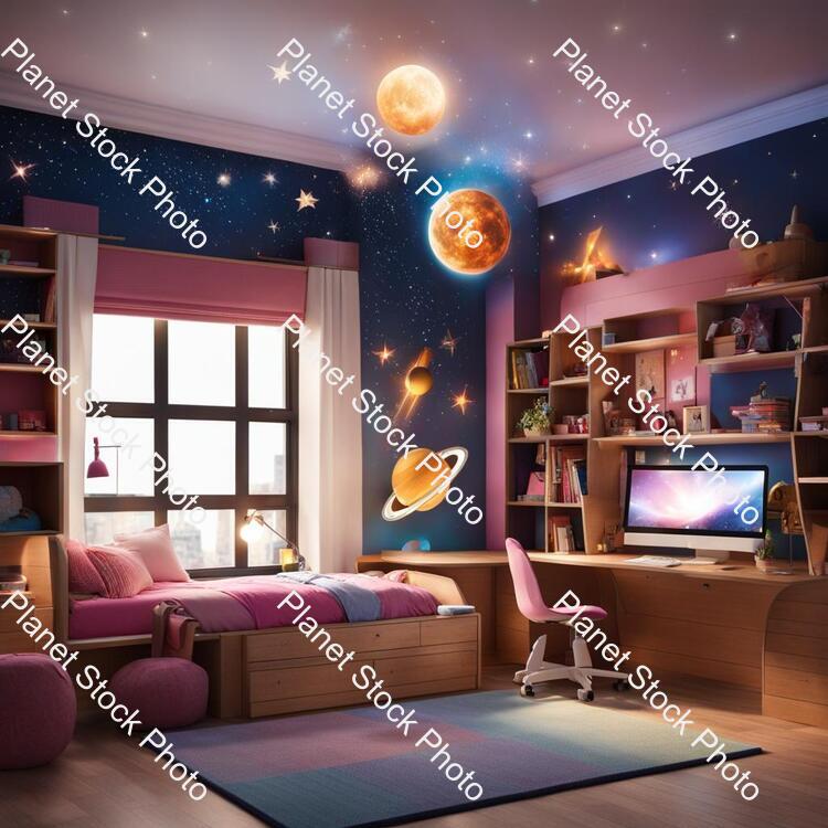 A Kids Room Fro Girl in Around 10-12 Years Who Likes Astronomy and Reading stock photo with image ID: ca25190c-0db6-422d-bd29-f3de42e34e1d