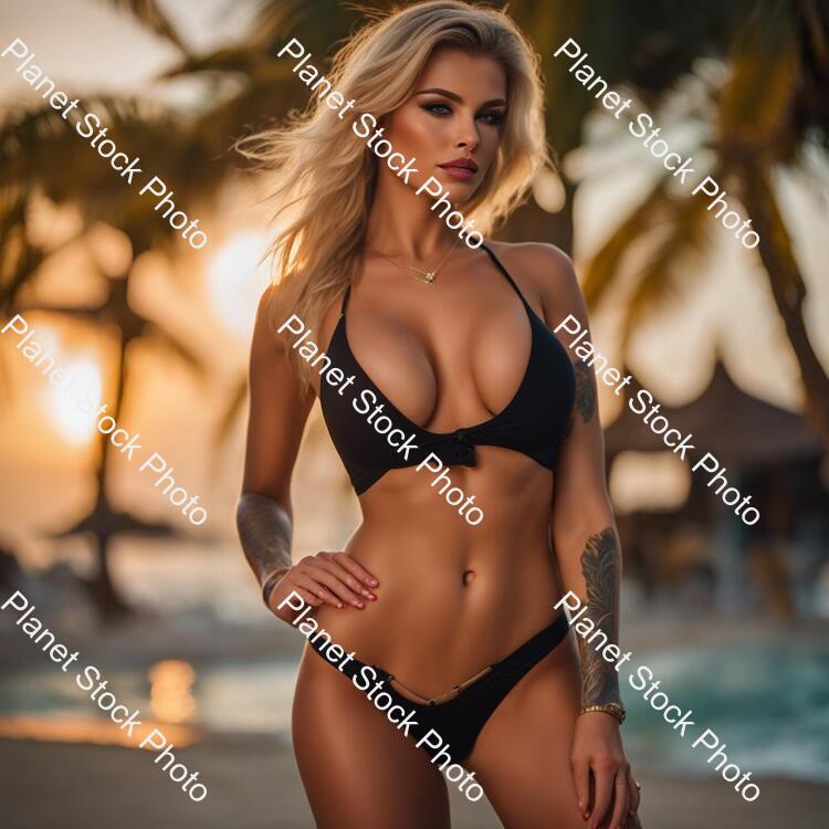 Draw a Sexy Blonde Girl, She Has Big Ass and Big Tits, His Ass Was Very Sexy, She Wearing Thin Strape Black Bikini, the Girl Thigh on Tattoed, the Girl Back Are Visible, Very Sexy Ass or Booty, 4k Quality stock photo with image ID: ca6465c9-2c2b-413a-8c8f-6351379d1952