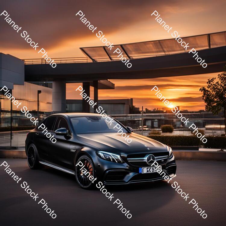 Draw a Mercedes C63s 2023 in Black Color. 4k Quality. The Car Parked  in the Middle of the City. Time Sunset. the Car Is Realistic stock photo with image ID: cc3244f2-ea50-4396-b20d-8ede901e60e1