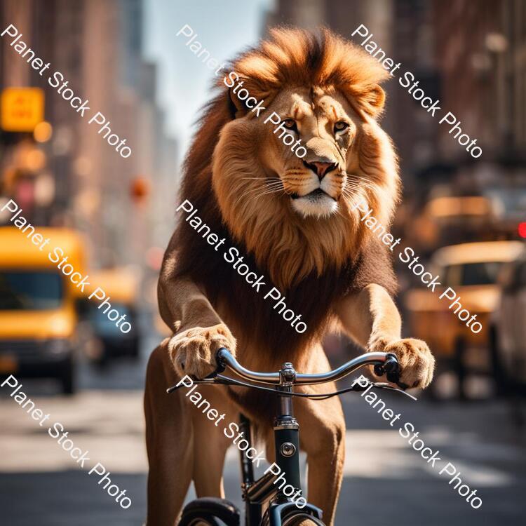 Draw a Lion Riding a Bicycle in New York City and the Lion Is Wearing Glasses. in the Background, Amazed People Look On. the Weather Is Sunny. Very Clear Quality. 4k Quality stock photo with image ID: cd9b36c1-2bff-4777-a33d-a28e296a9349