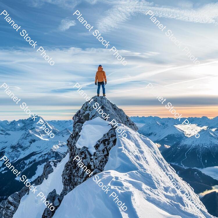 A Man Standing on the Top of a Amountain stock photo with image ID: ce9f4d19-86fd-4042-86bc-c2fe528b813c