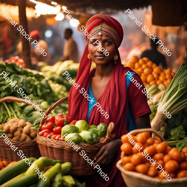 A Village Girl in the Local Market with a Turban on the Head Carrying a Basket of Vegetables stock photo with image ID: d1b7d695-993a-47ce-bfbb-9f5fac9762e9