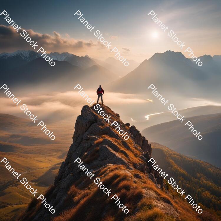 A Man Standing on the Top of a Mountain stock photo with image ID: d5721694-8791-4c0f-ad12-7ac756e262d0