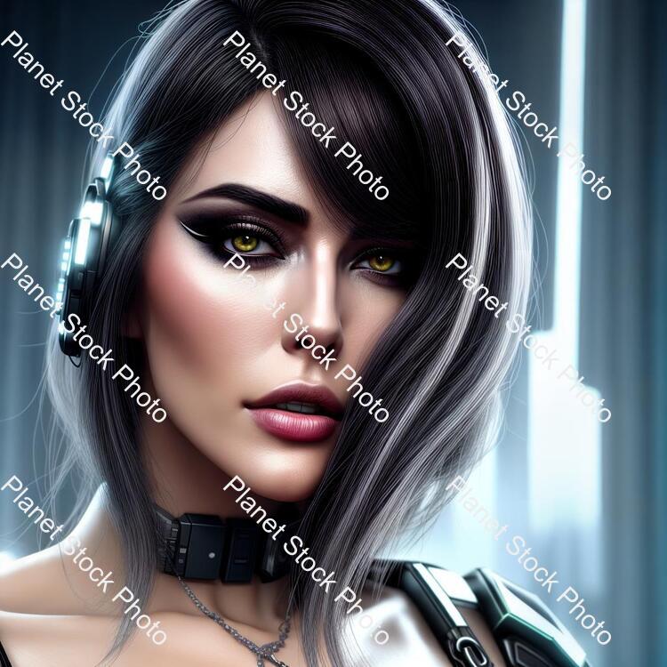 Ultra Realistic Close Up Portrait ((beautiful Pale Cyberpunk Female with Heavy Black Eyeliner)) stock photo with image ID: dcb9d46b-1d37-4867-b265-889a12500032