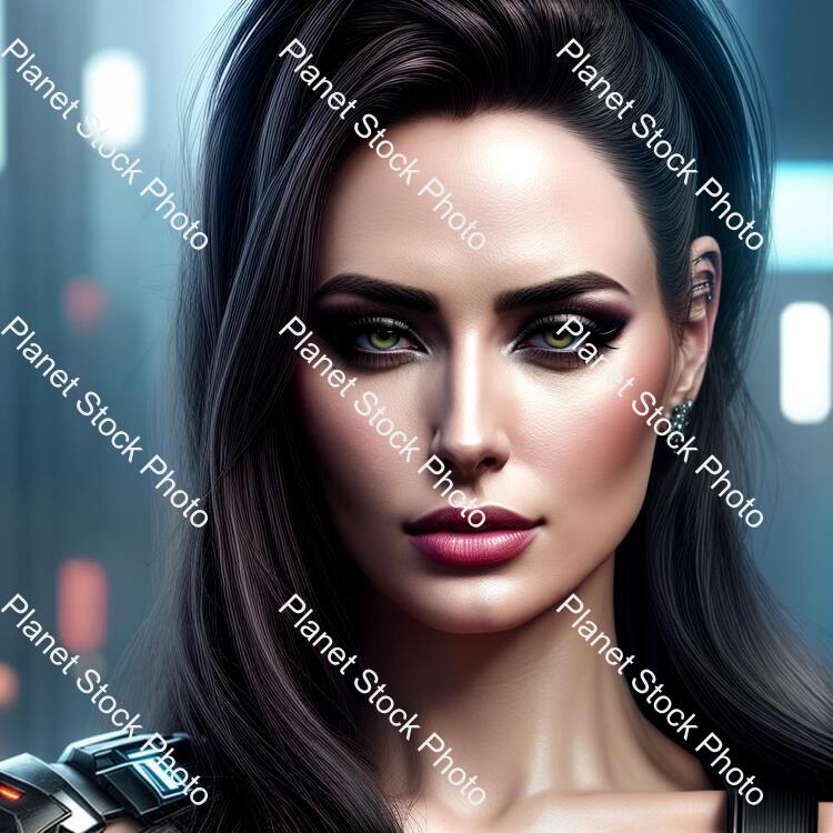 Ultra Realistic Close Up Portrait ((beautiful Pale Cyberpunk Female with Heavy Black Eyeliner)) stock photo with image ID: dfc00e91-6634-47a4-8d46-1552fa80c1e9