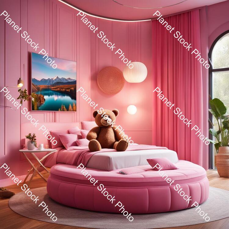 A Berbie Room with Pink Color Background Round Bed 2 Charis Bg Teedy Bear Laptop Table Led Tv Pink Curtains stock photo with image ID: e24c93fc-103b-4269-b1f8-64d9ba2e3e9c