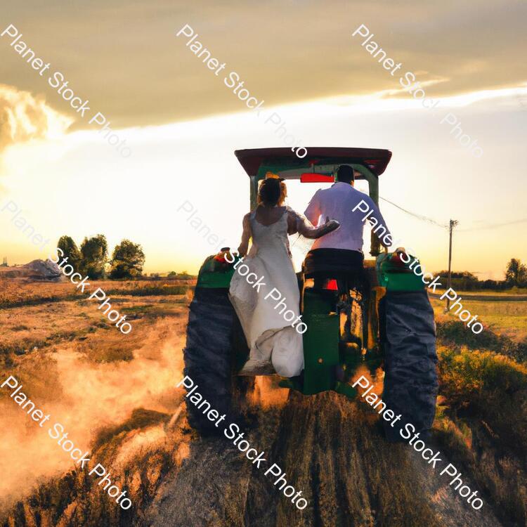 A Newly Married Couple Driving a Tractor Through the Grain Field Towards the Horizon at Sunset stock photo with image ID: e2d362b3-103e-4bdb-accb-444e6fe0c009