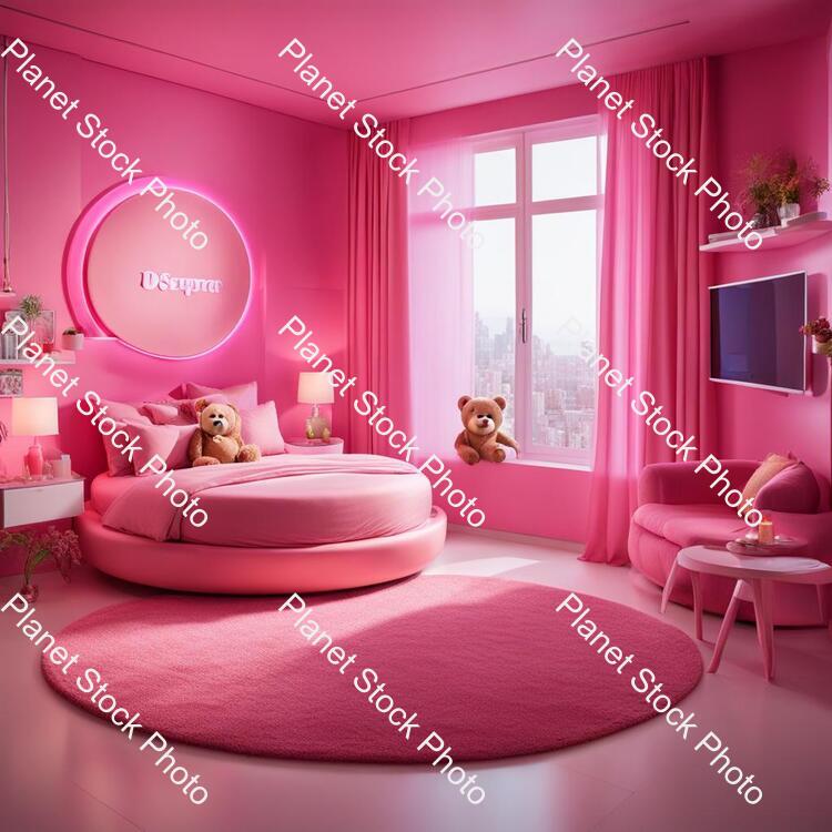 A Berbie Room with Pink Color Background Round Bed 2 Charis Bg Teedy Bear Laptop Table Led Tv Pink Curtains stock photo with image ID: e7758e2c-4462-470f-a825-9657145c0adb